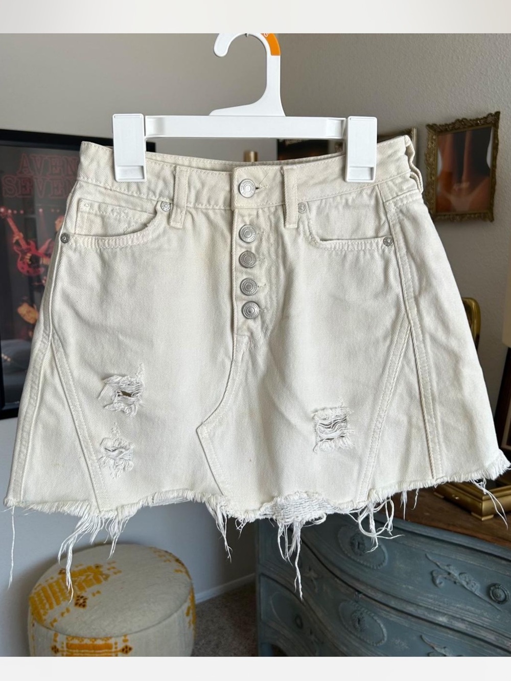 White Distressed Denim Mini Skirt High Waisted Y2K Indie Sleaze Western Grunge